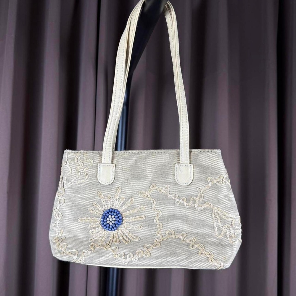 Stone Mountain Cream Canvas Embroidered Beaded Floral Shoulder Bag Cottagecore